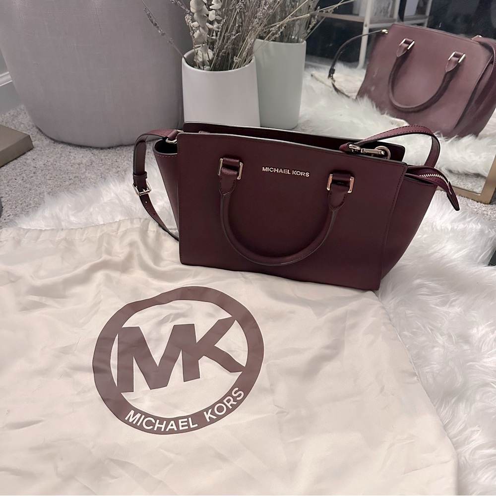 Michael Kors Selma Saffiano Leather Medium Satchel Burgundy